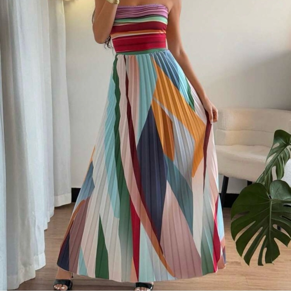 Multicolor Strapless Ruched Waist Dress
